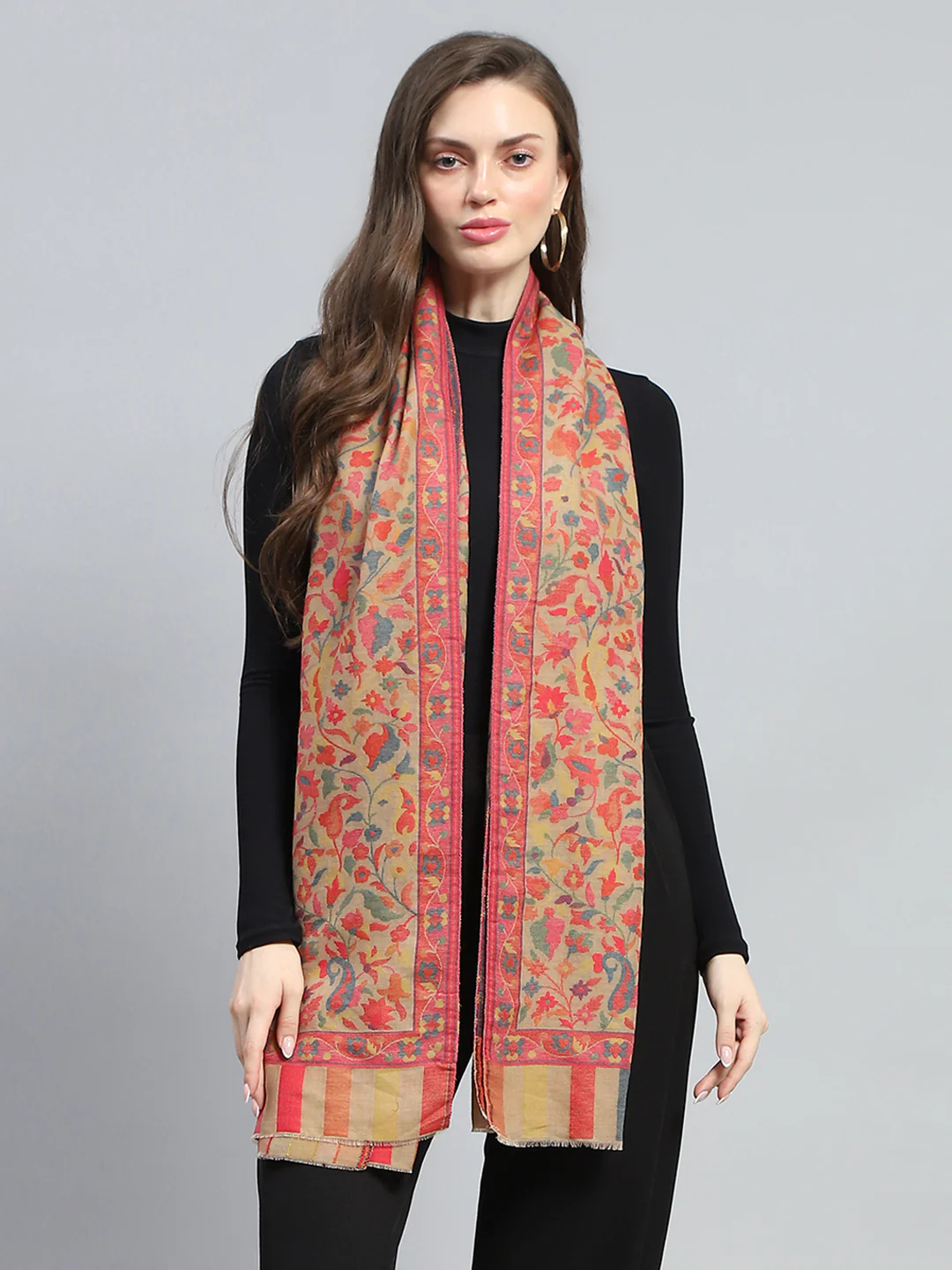 Women Red Self Design Stole - Image 5
