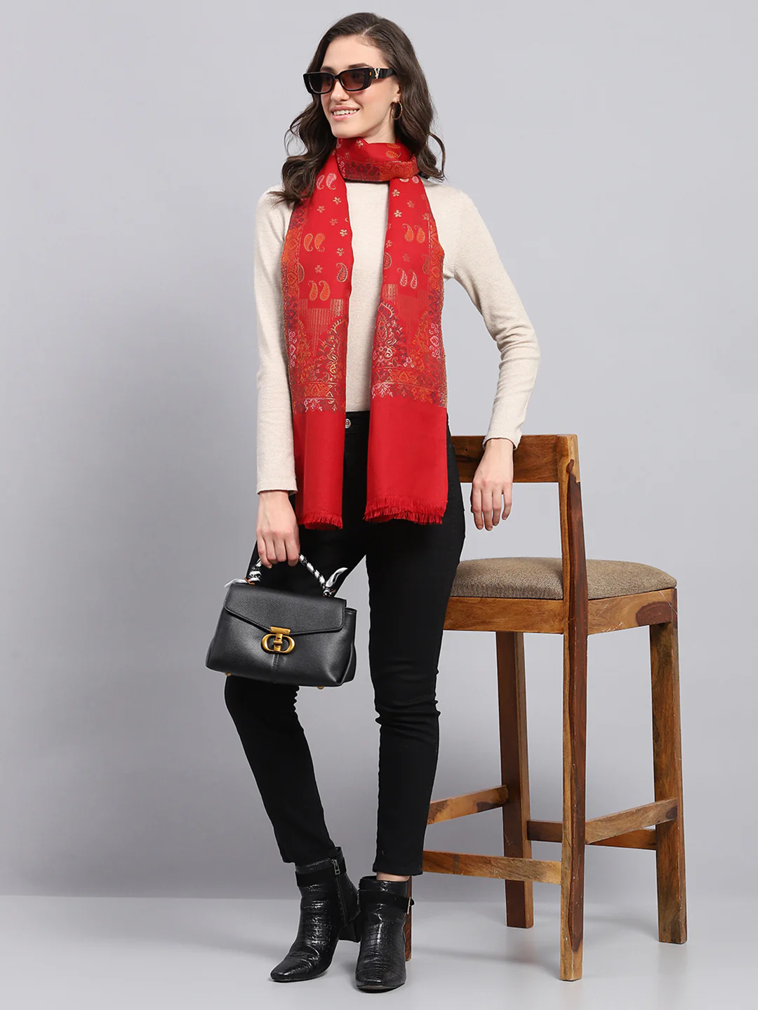Women Red Self Design Stole - Image 2