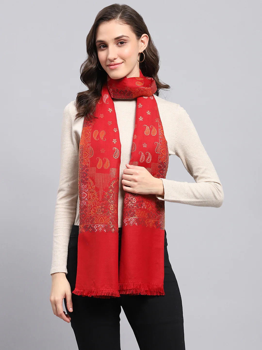 Women Red Self Design Stole - Image 3
