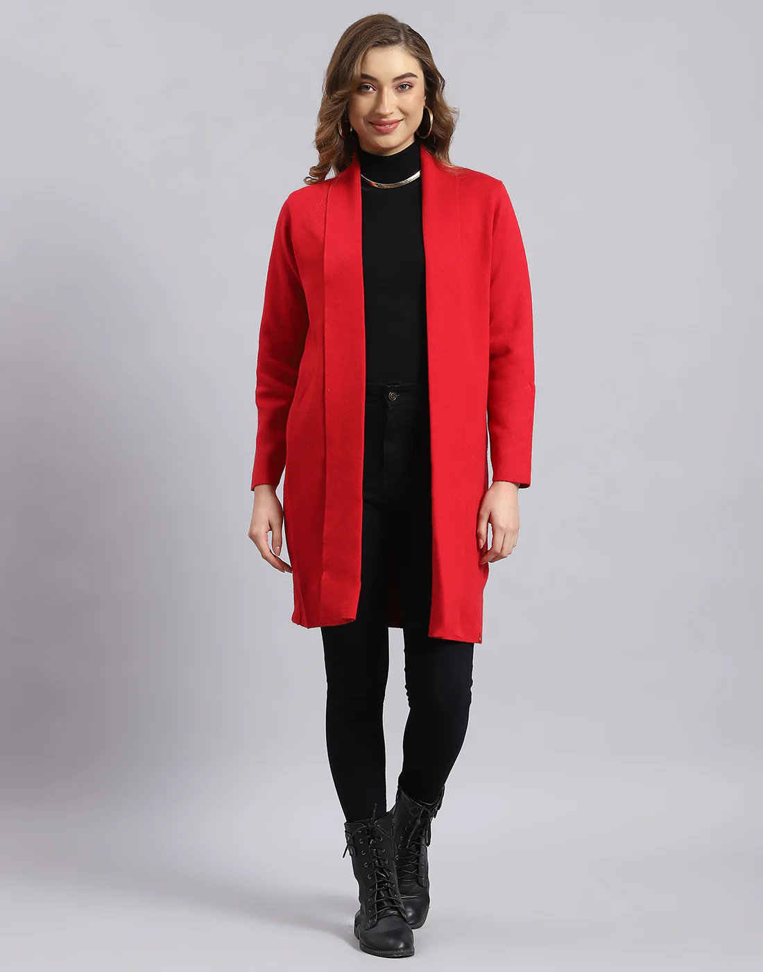 Women Red Self Design V Neck Full Sleeve Cardigan - Image 2
