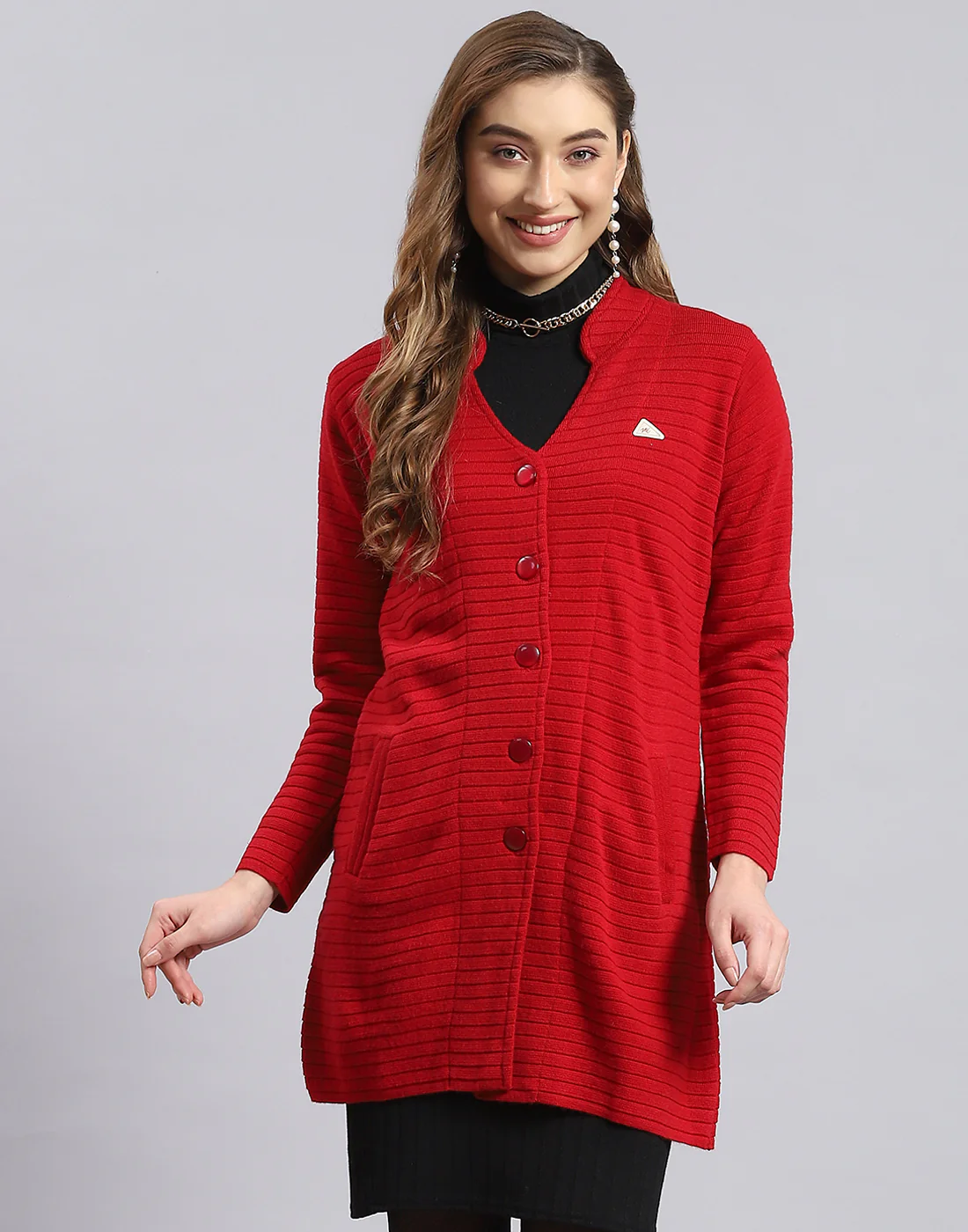 Women Red Self Design V Neck Full Sleeve Cardigan - Image 2