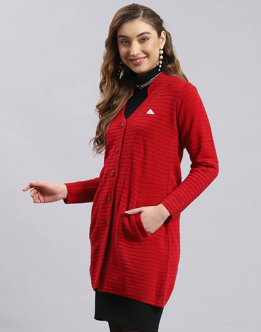 Women Red Self Design V Neck Full Sleeve Cardigan - Image 3