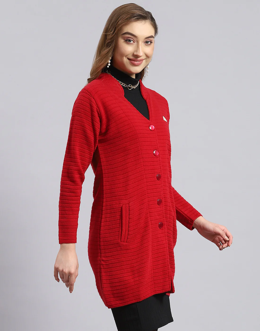 Women Red Self Design V Neck Full Sleeve Cardigan - Image 4