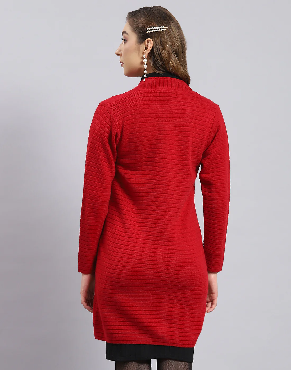 Women Red Self Design V Neck Full Sleeve Cardigan - Image 5