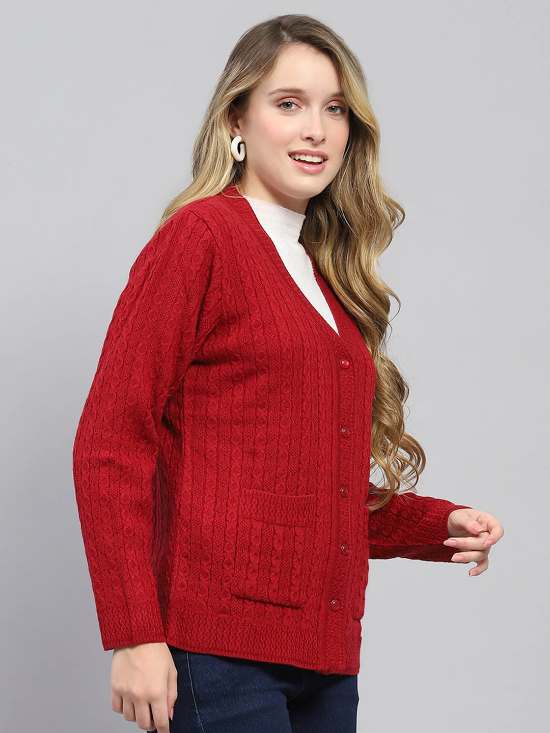 Women Red Self Design V Neck Full Sleeve Cardigan - Image 4