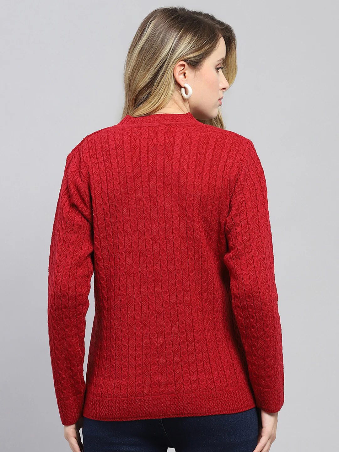 Women Red Self Design V Neck Full Sleeve Cardigan - Image 5
