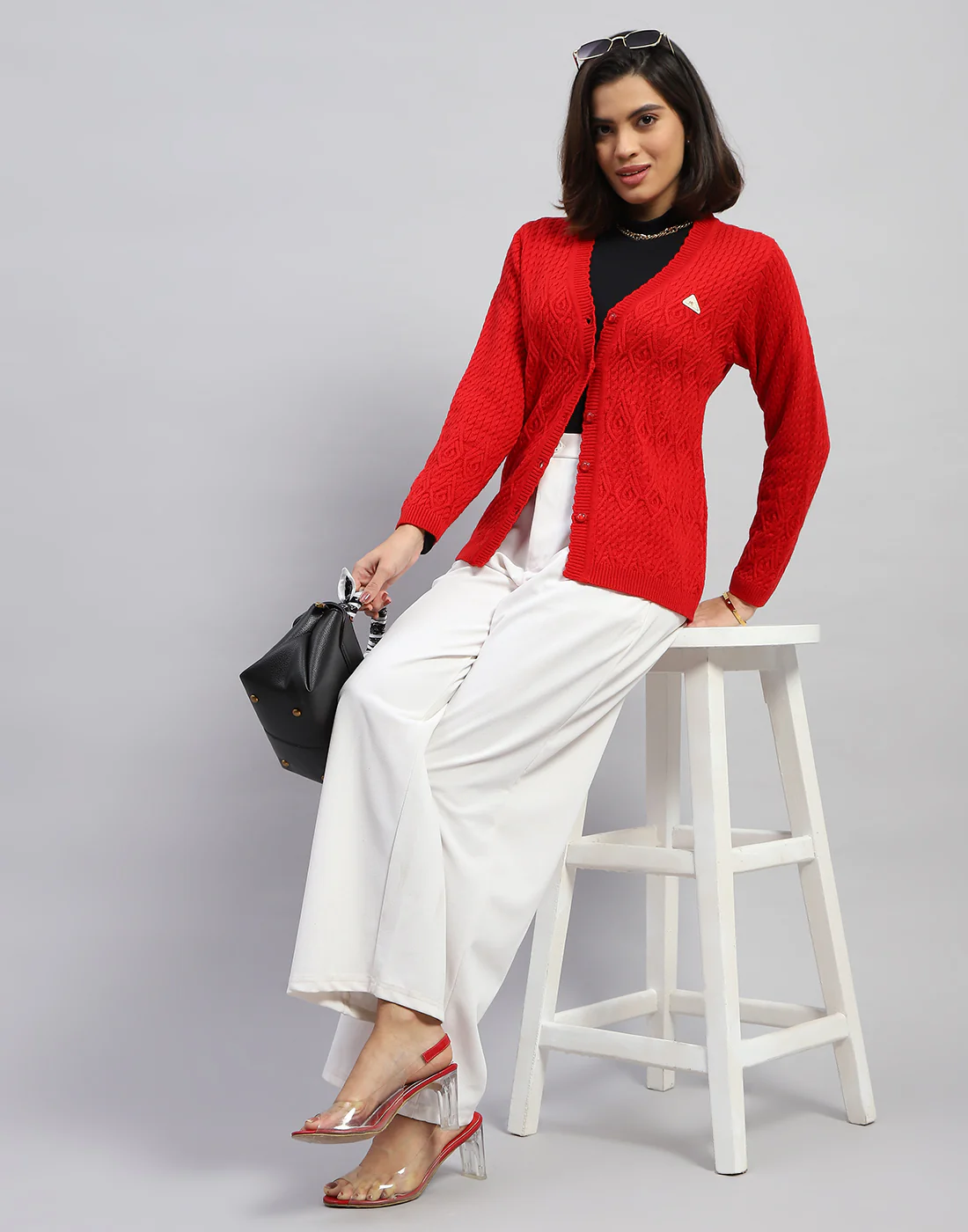 Women Red Self Design V Neck Full Sleeve Cardigan - Image 2