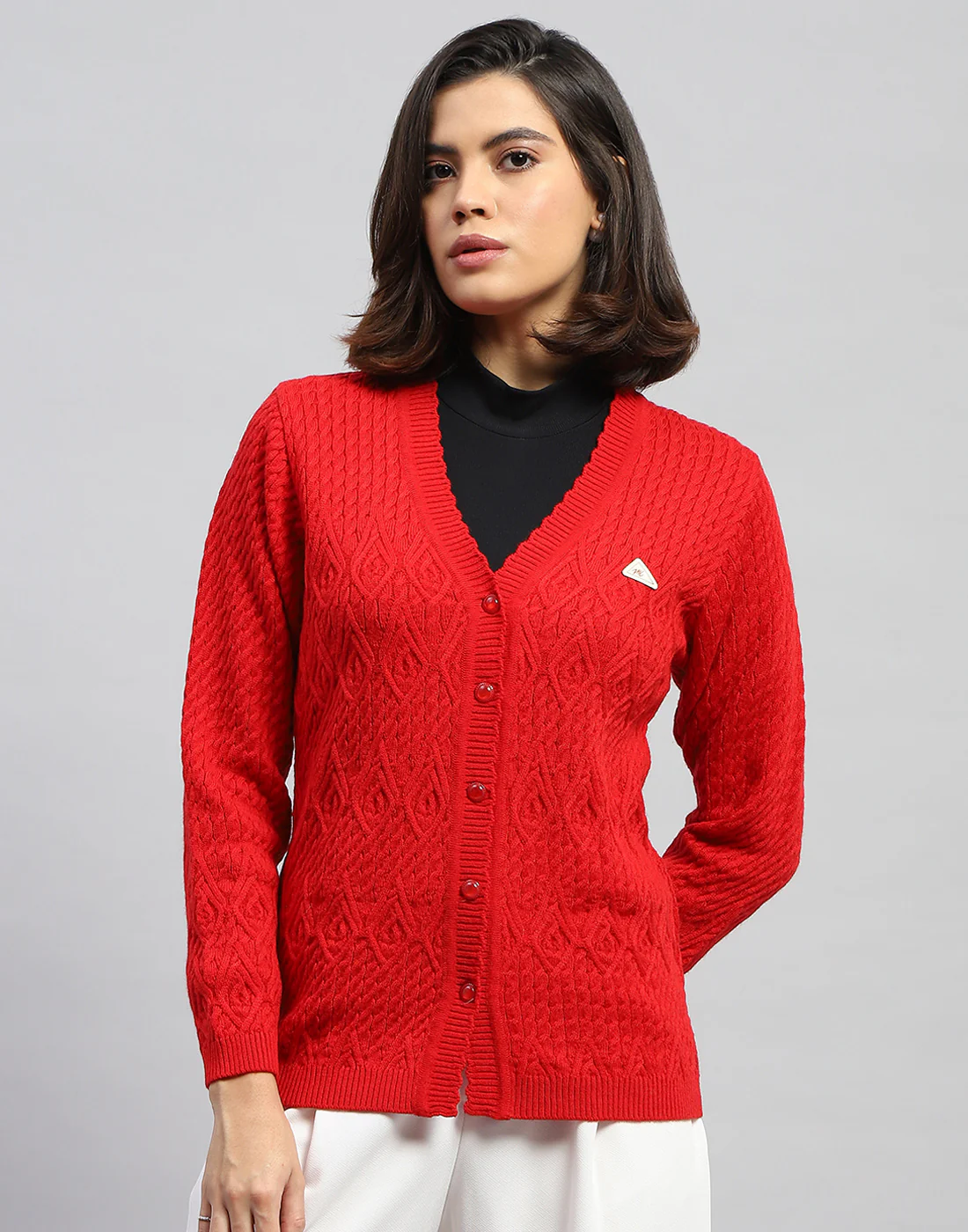 Women Red Self Design V Neck Full Sleeve Cardigan - Image 3