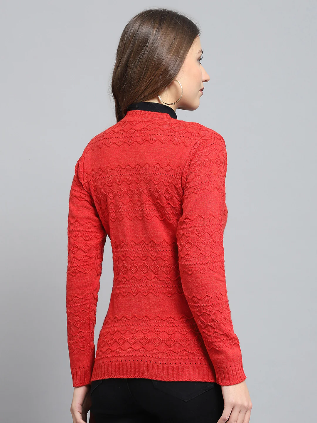 Women Red Self Design V Neck Full Sleeve Cardigan - Image 5