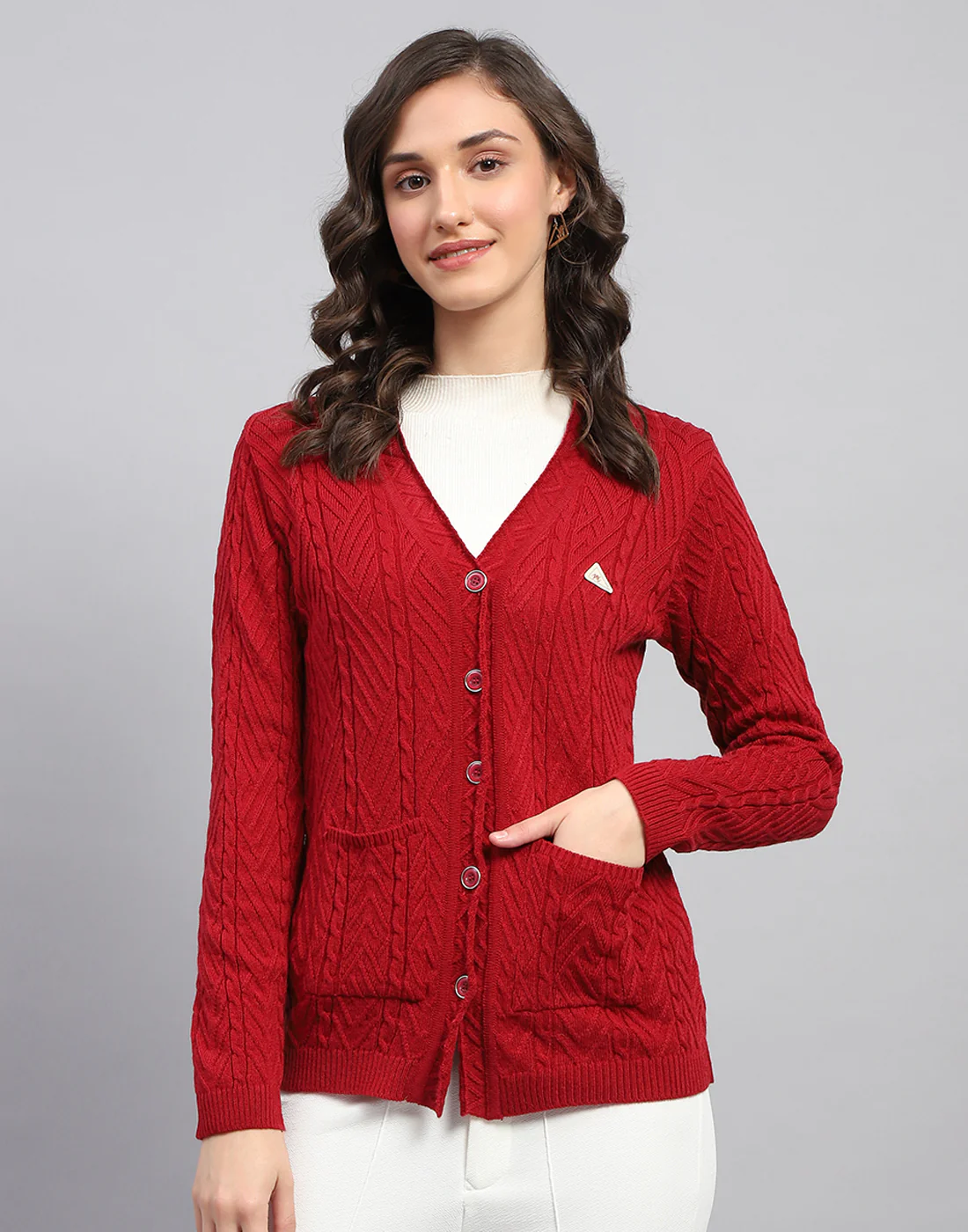 Women Red Self Design V Neck Full Sleeve Cardigan - Image 3