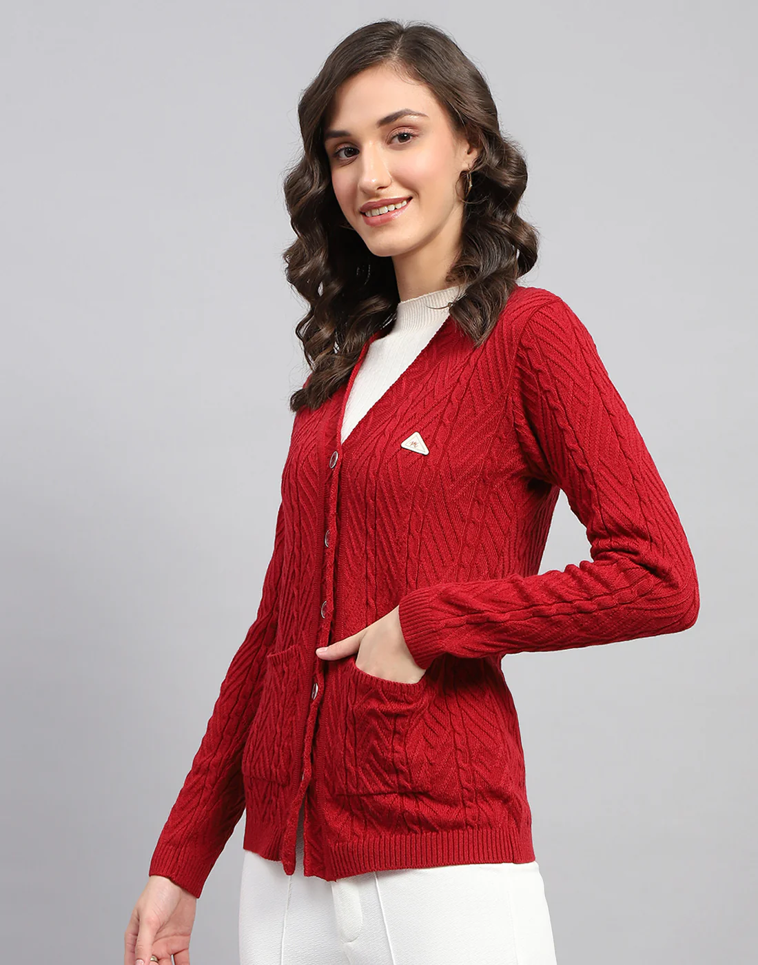 Women Red Self Design V Neck Full Sleeve Cardigan - Image 4
