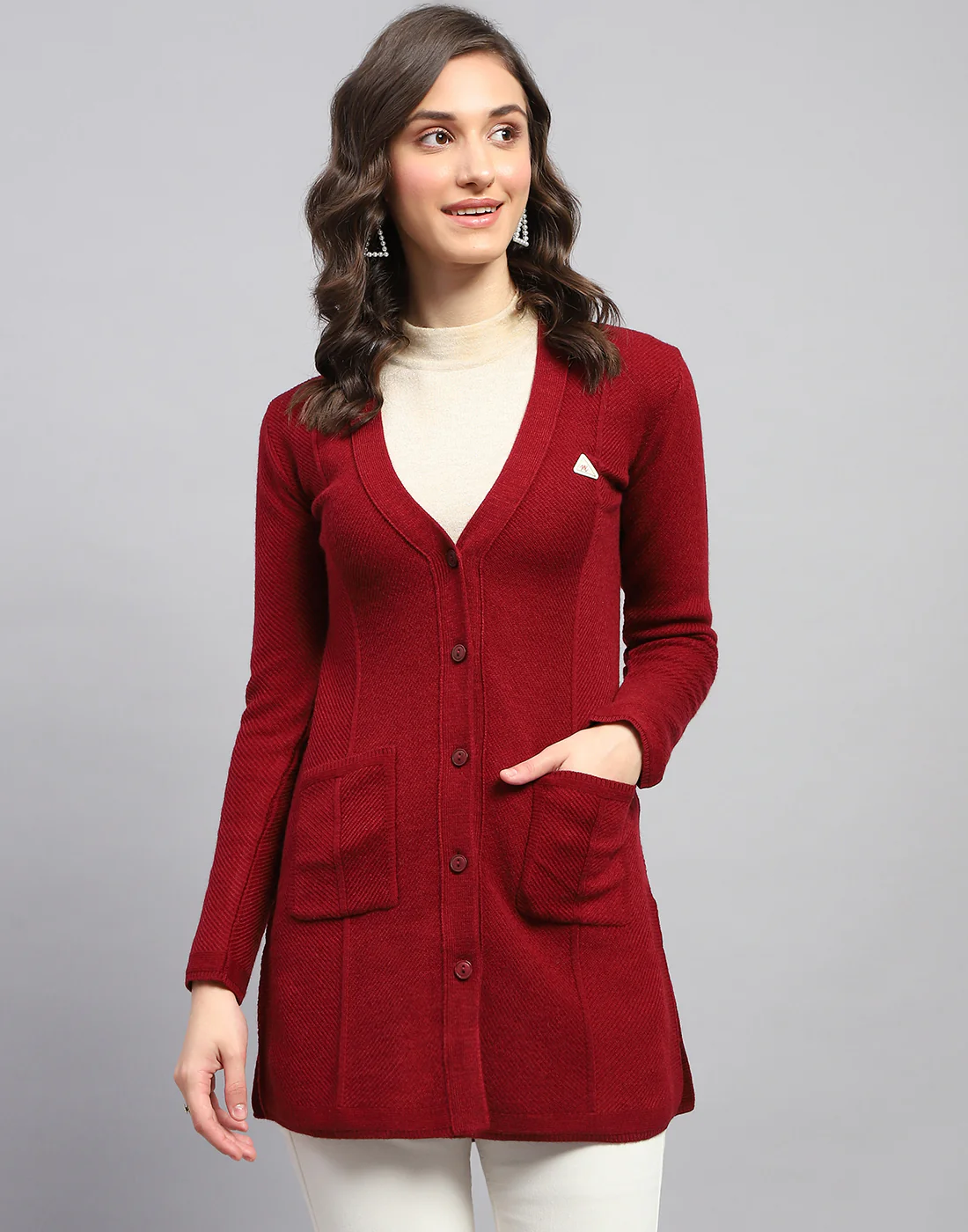 Women Red Self Design V Neck Full Sleeve Cardigan - Image 2