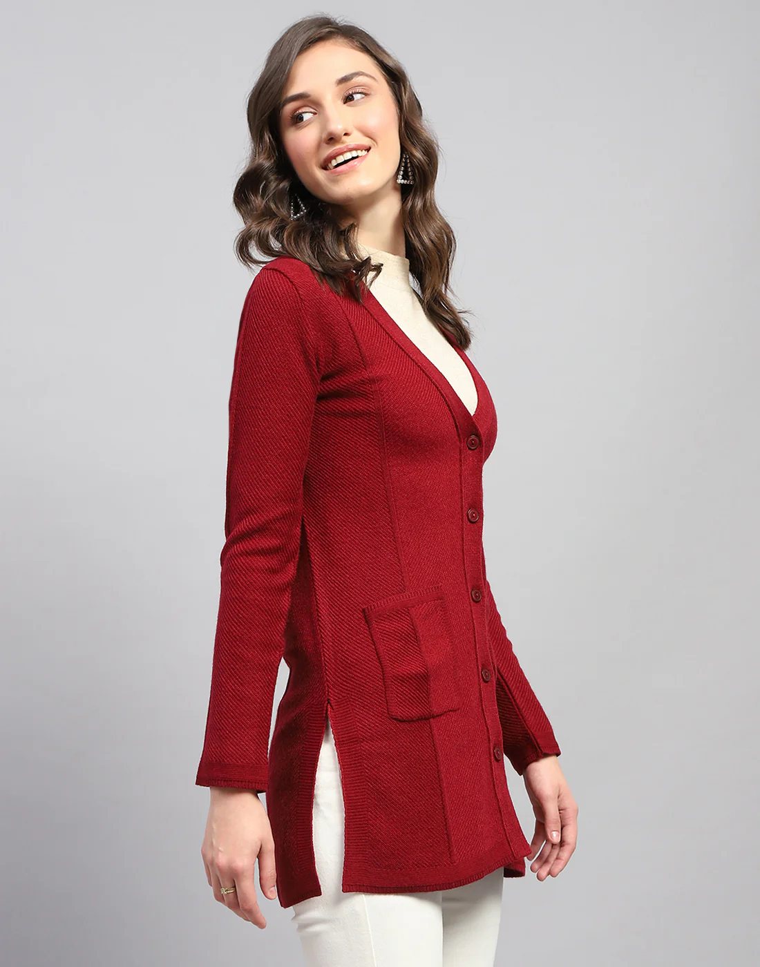 Women Red Self Design V Neck Full Sleeve Cardigan - Image 4