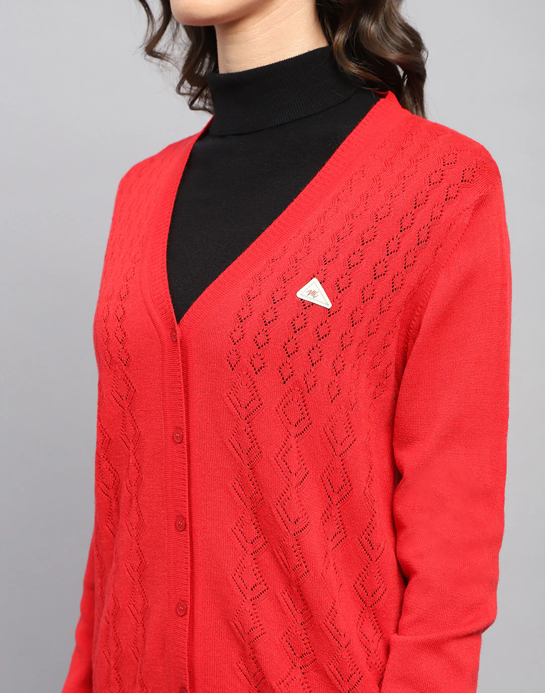 Women Red Self Design V Neck Full Sleeve Cardigan - Image 7