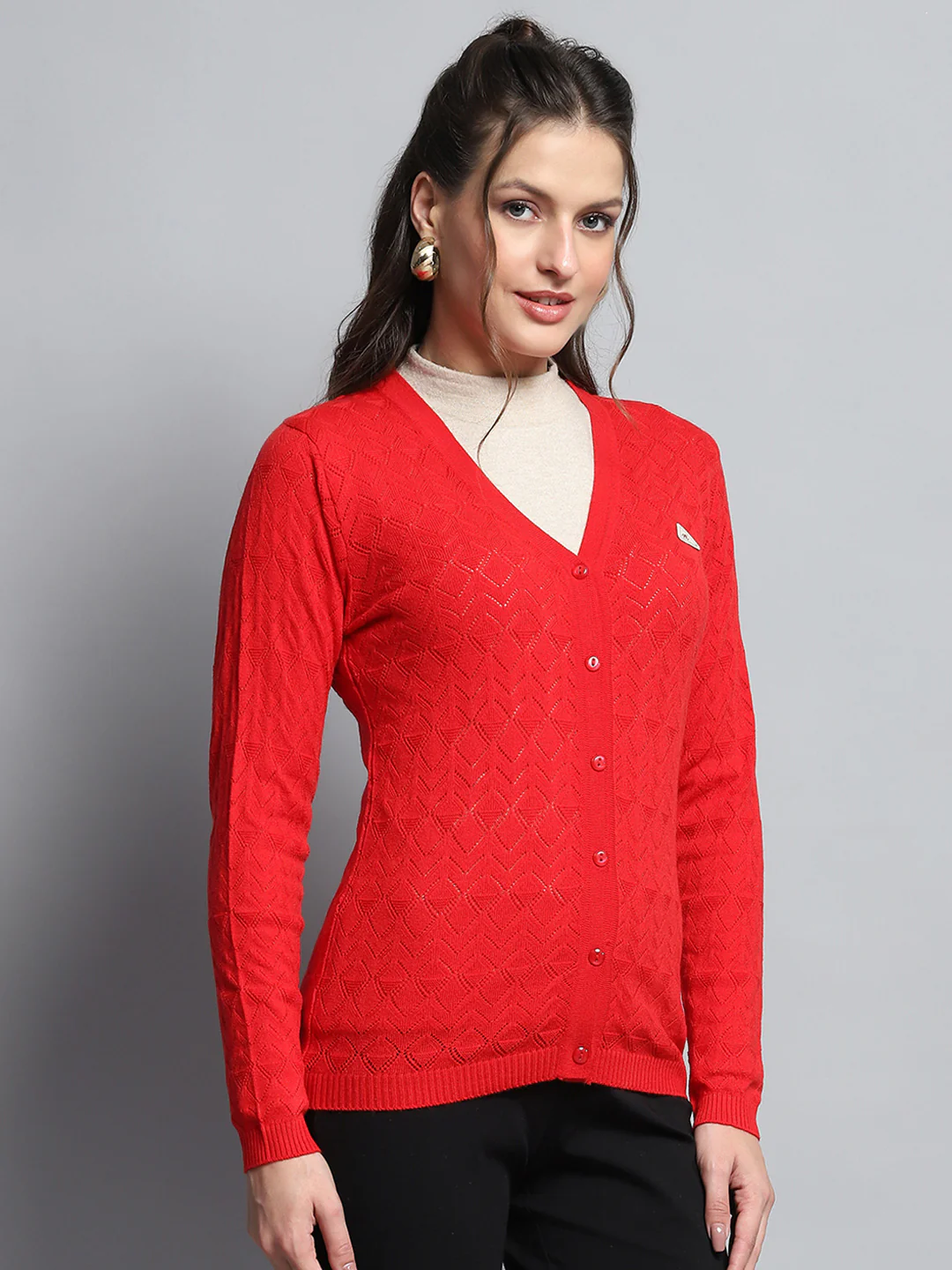 Women Red Self Design V Neck Full Sleeve Cardigan - Image 4