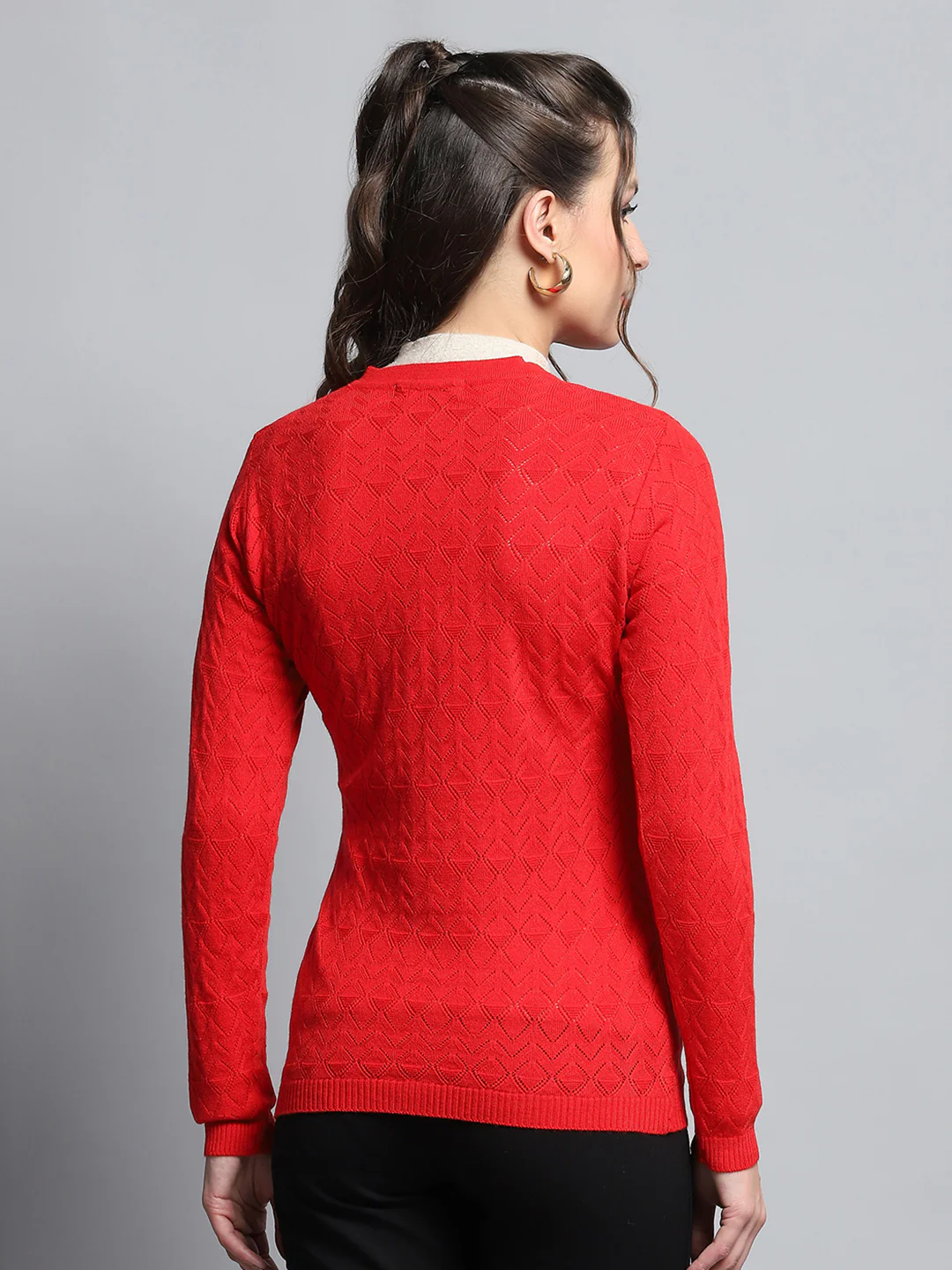 Women Red Self Design V Neck Full Sleeve Cardigan - Image 5
