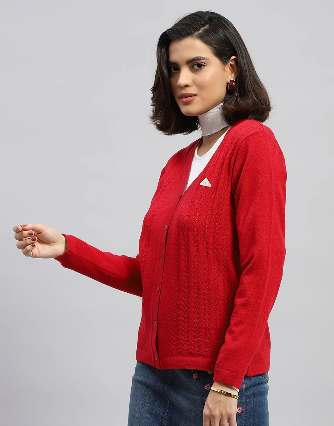 Women Red Self Design V Neck Full Sleeve Cardigan - Image 3