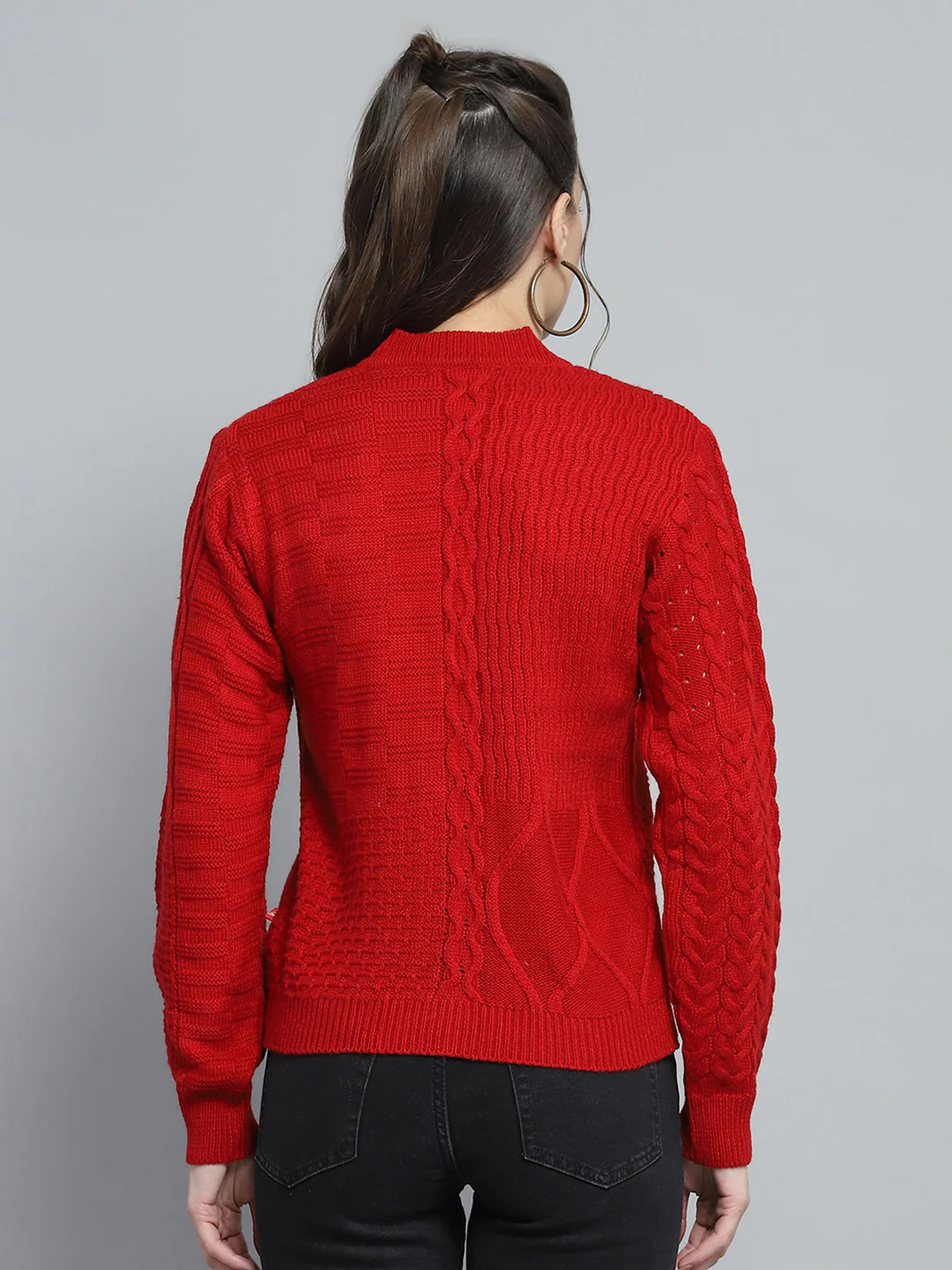 Women Red Self Design V Neck Full Sleeve Cardigan - Image 5
