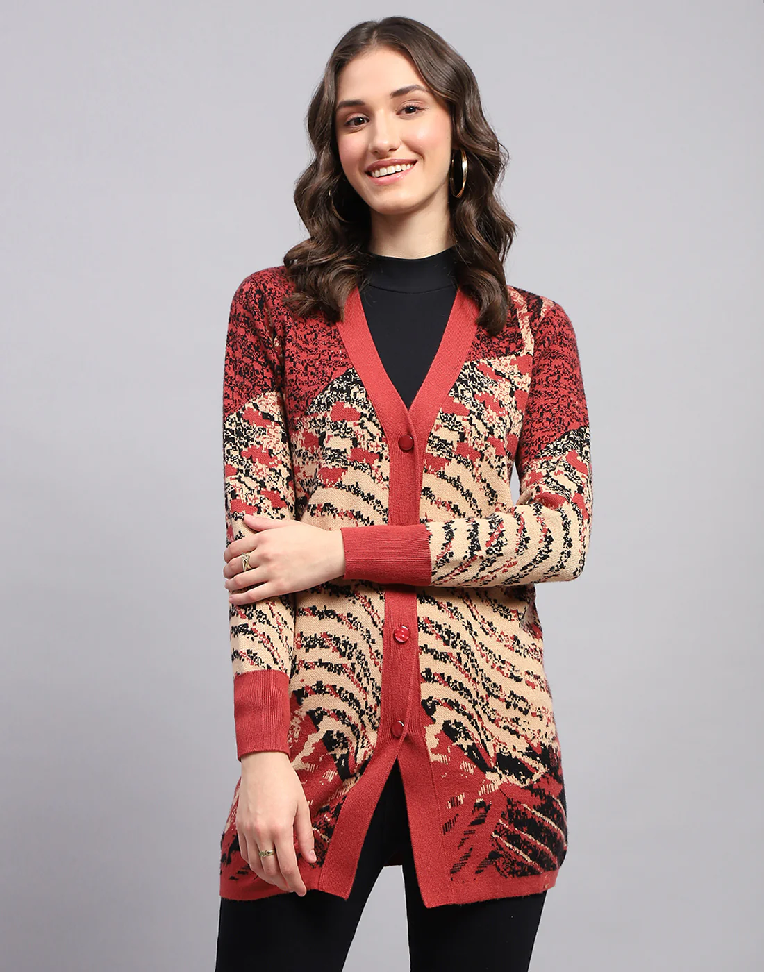 Women Red Self Design V Neck Full Sleeve Cardigan - Image 2