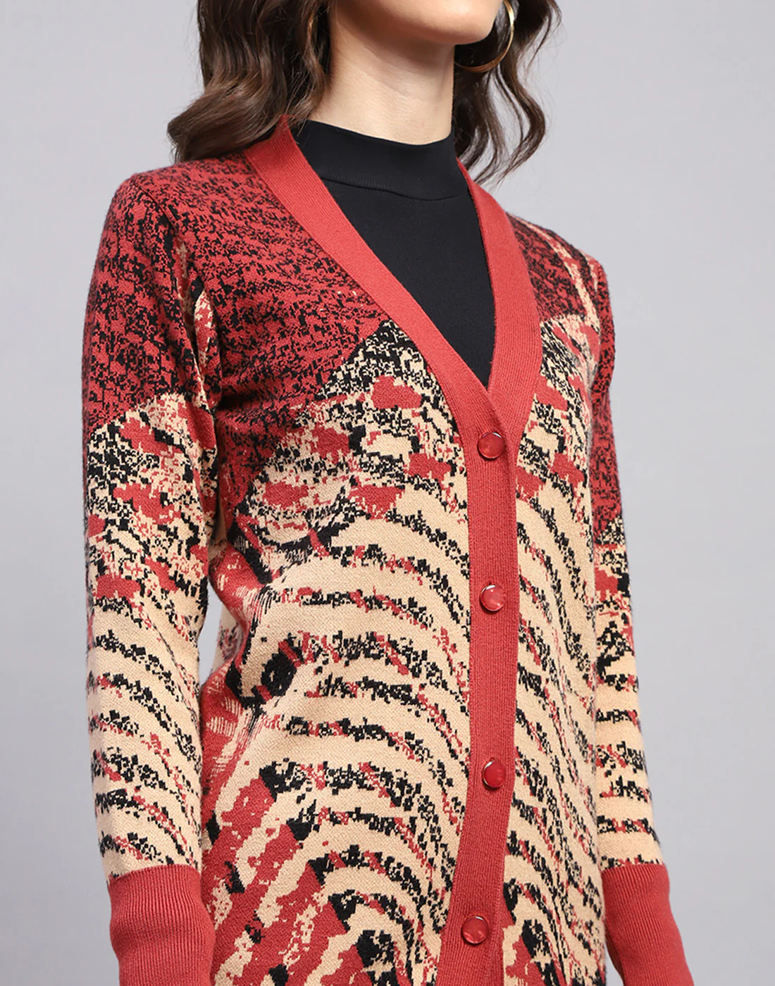 Women Red Self Design V Neck Full Sleeve Cardigan - Image 6