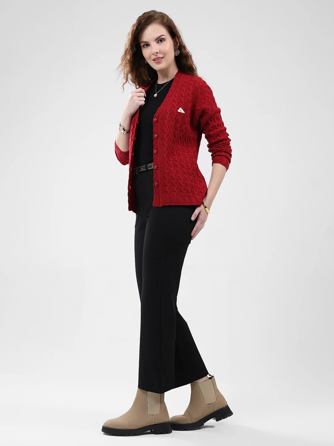 Women Red Self Design V Neck Full Sleeve Cardigan - Image 2