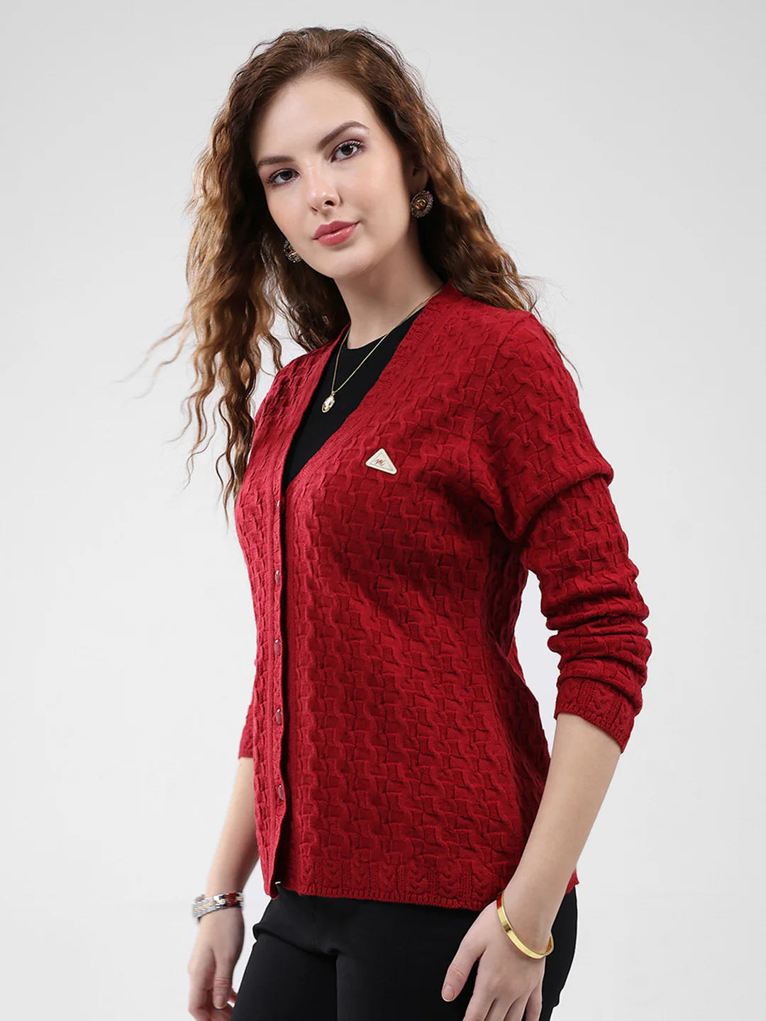 Women Red Self Design V Neck Full Sleeve Cardigan - Image 3