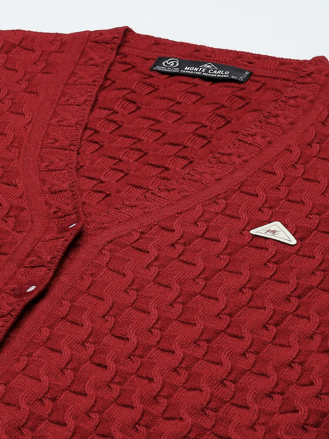 Women Red Self Design V Neck Full Sleeve Cardigan - Image 7