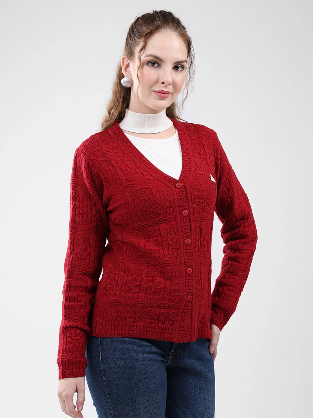 Women Red Self Design V Neck Full Sleeve Cardigan - Image 4
