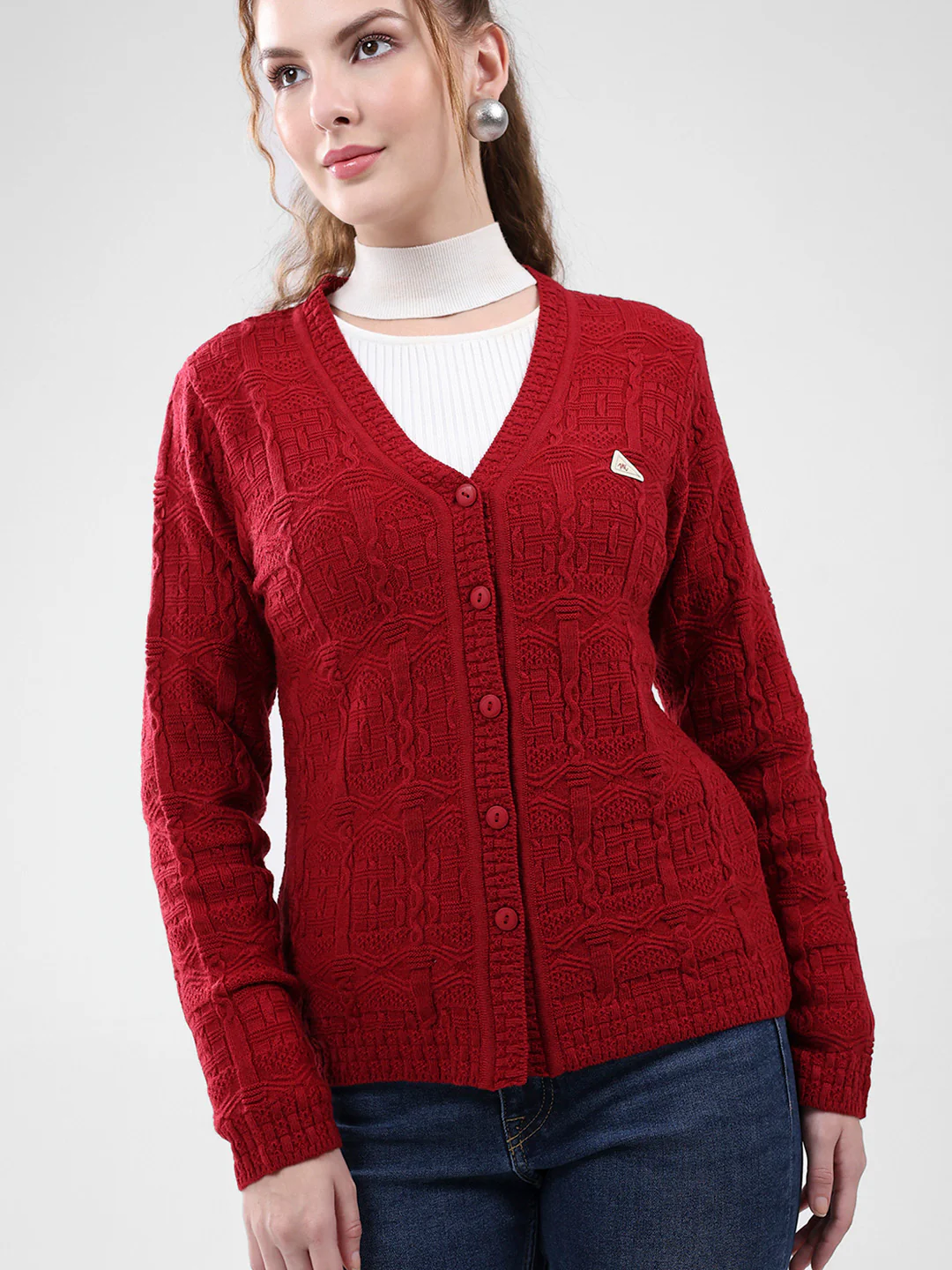 Women Red Self Design V Neck Full Sleeve Cardigan - Image 6