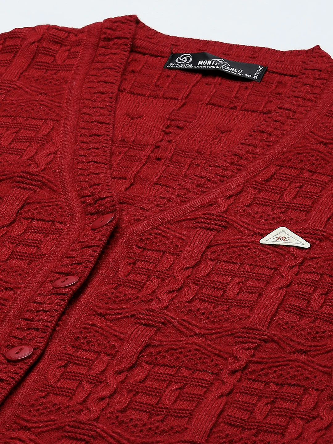 Women Red Self Design V Neck Full Sleeve Cardigan - Image 7