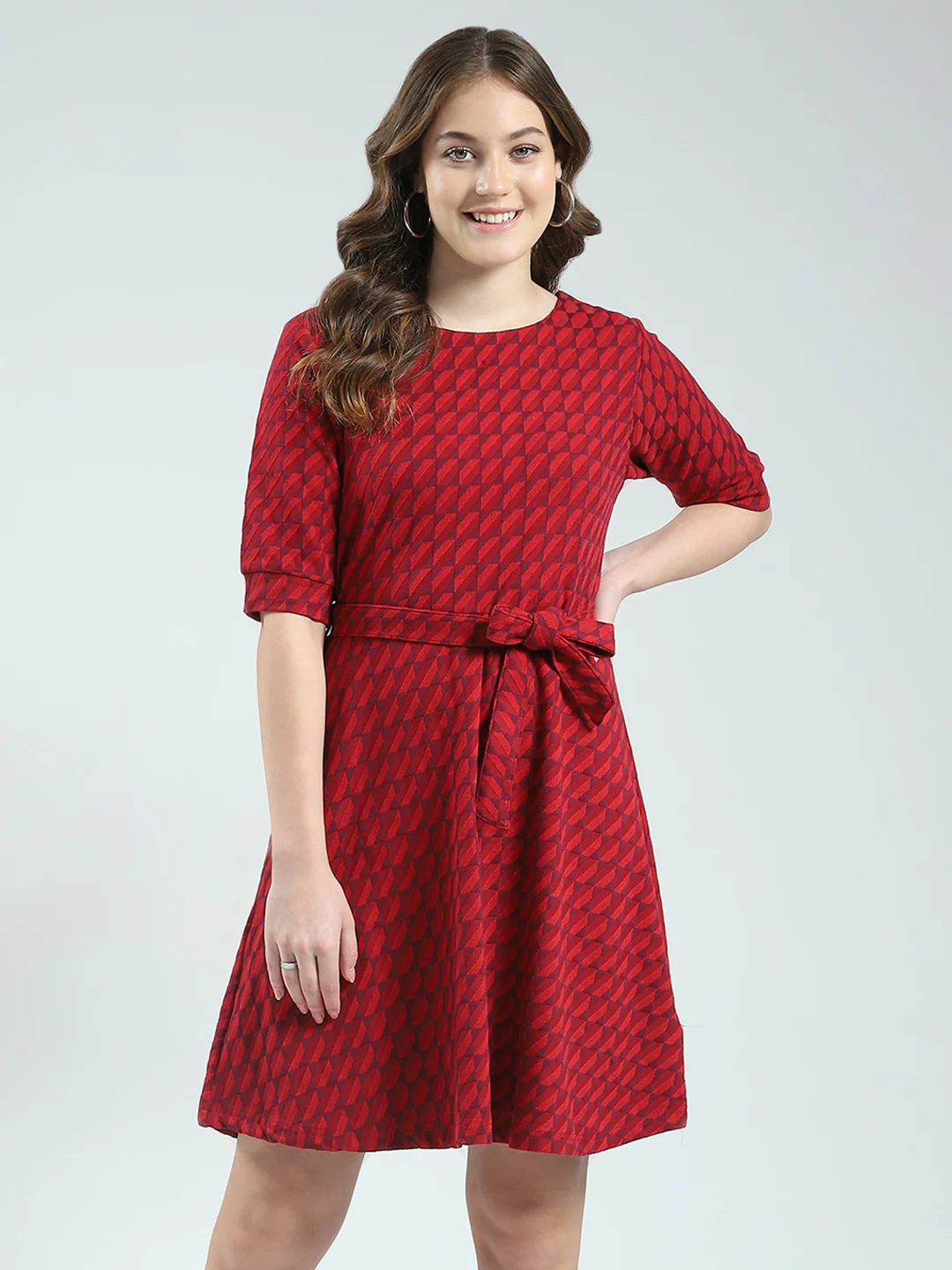 Women Red Self Design Round Neck Half Sleeve Dress - Image 2
