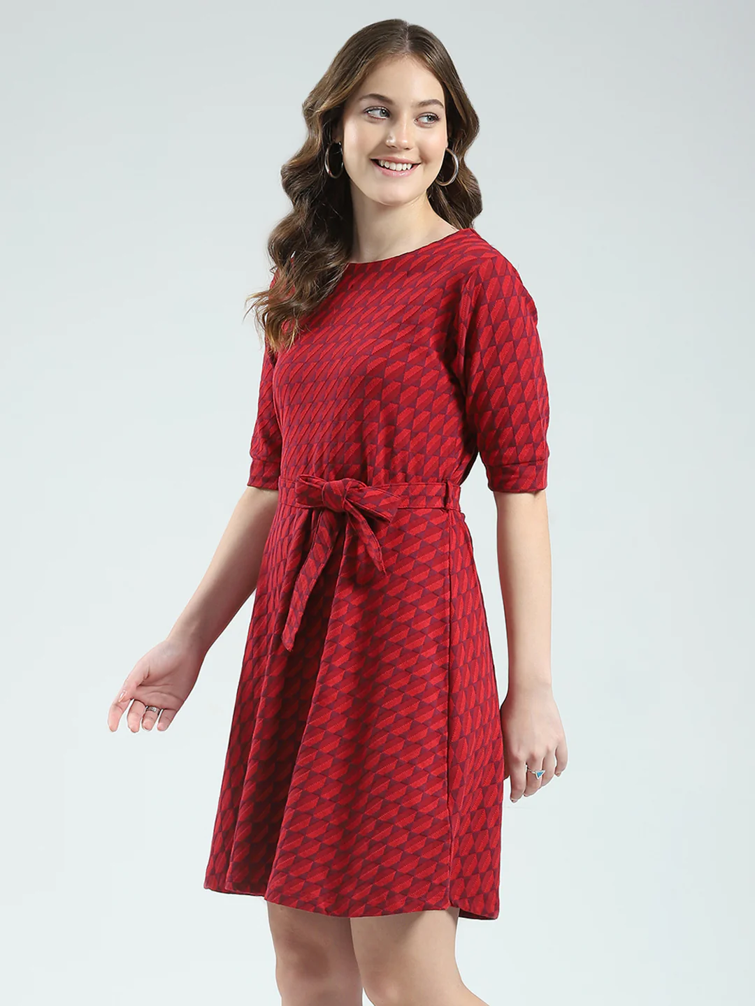 Women Red Self Design Round Neck Half Sleeve Dress - Image 4