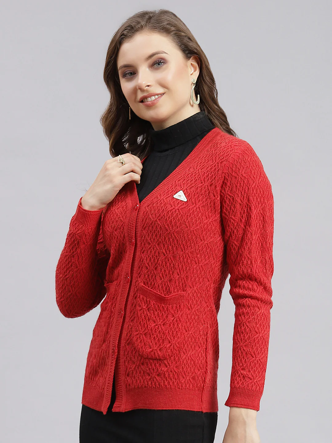 Women Red Self Design Wool blend Cardigan - Image 3