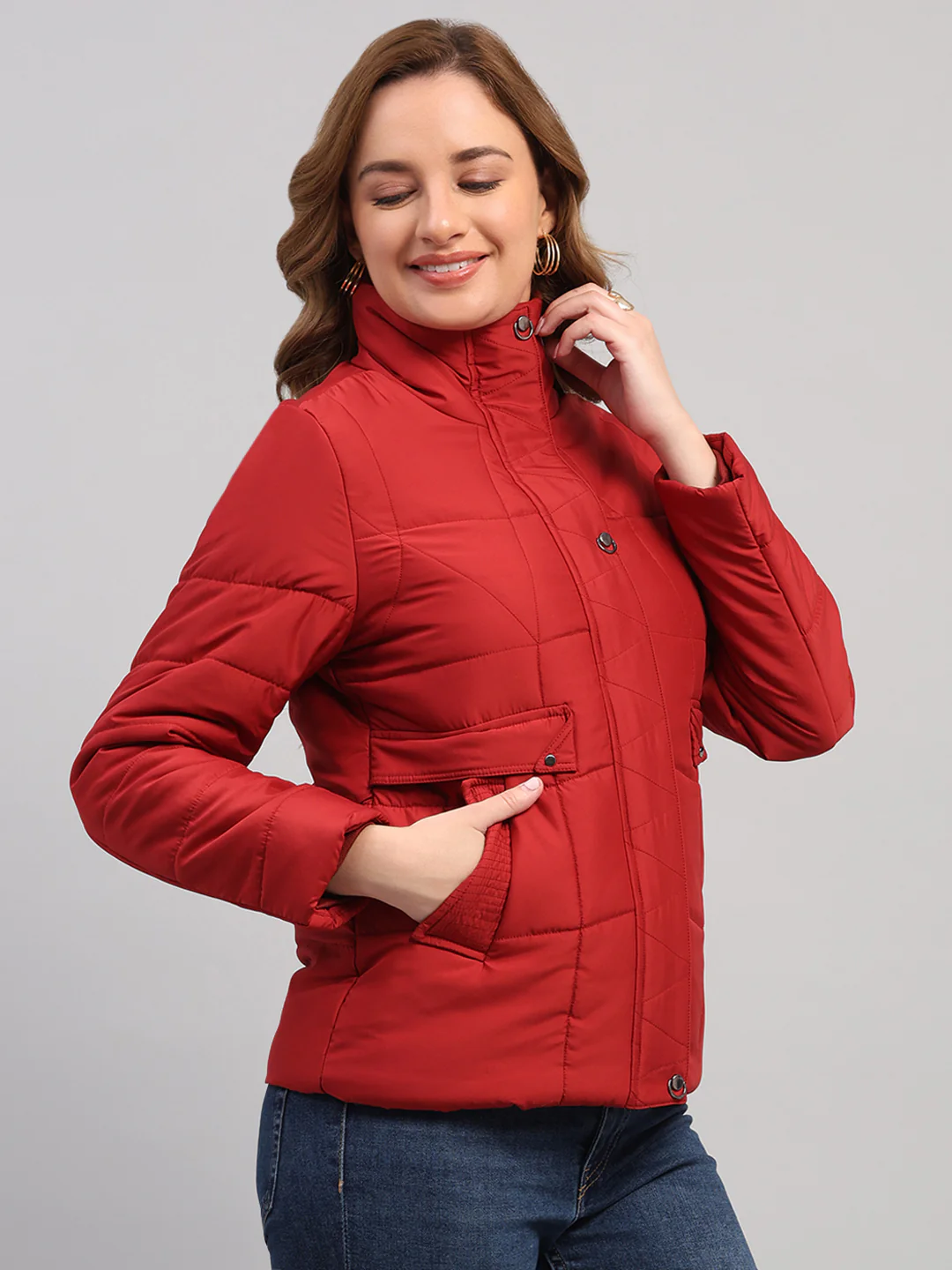 Women Red Solid Collar Full Sleeve Jacket - Image 4