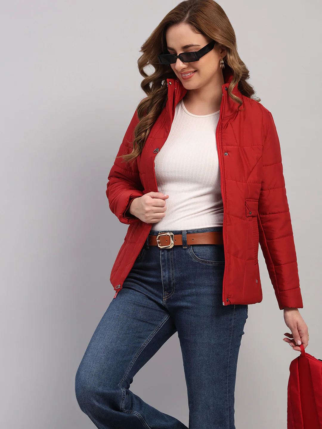 Women Red Solid Collar Full Sleeve Jacket - Image 6