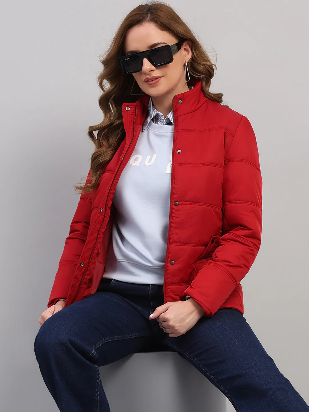 Women Red Solid Collar Full Sleeve Jacket - Image 6