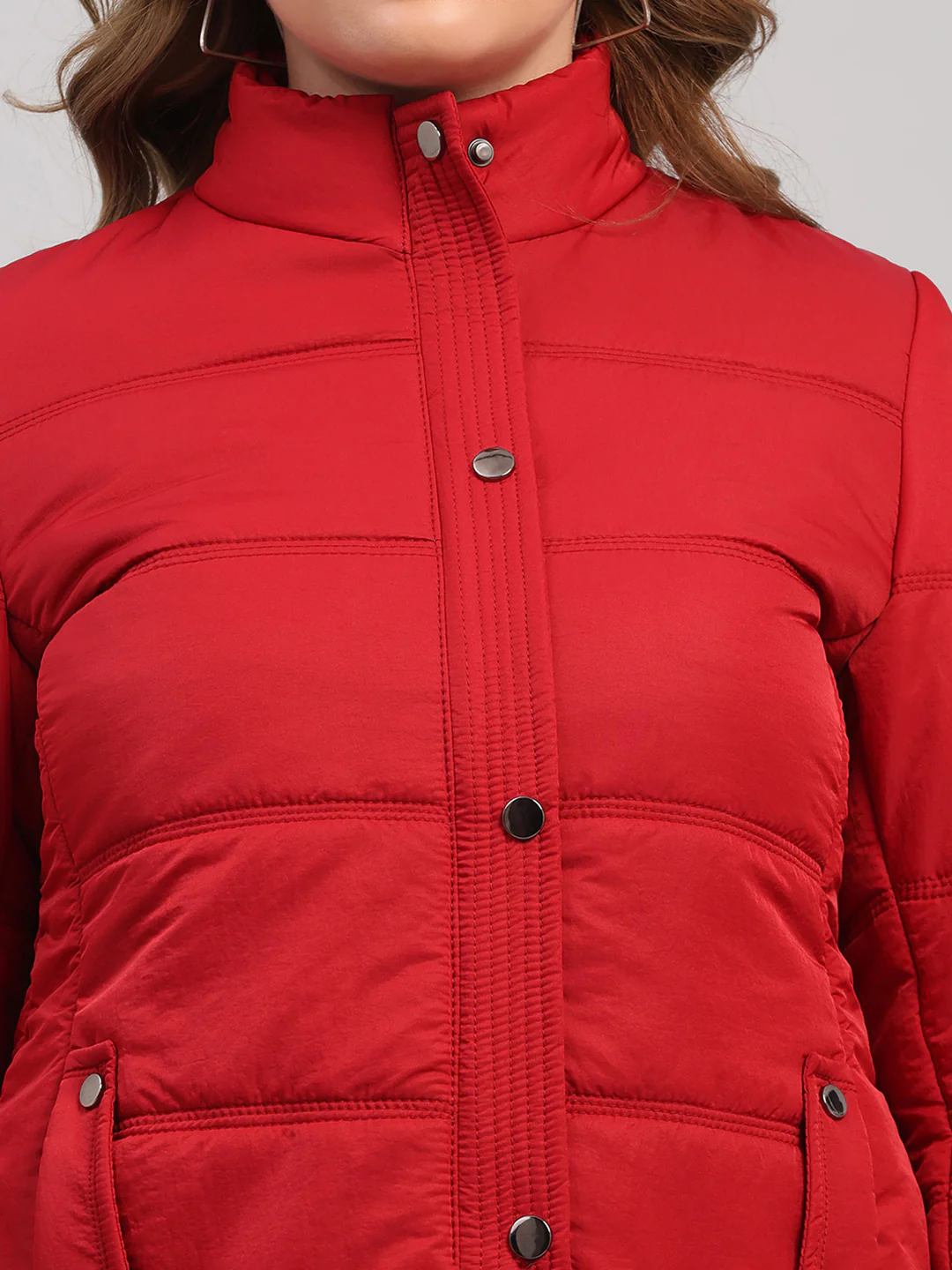 Women Red Solid Collar Full Sleeve Jacket - Image 7