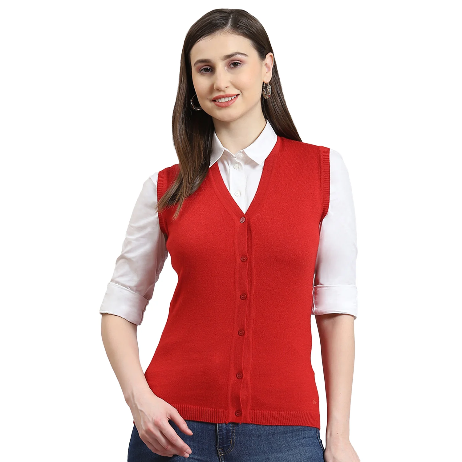 Women Red Solid Collar Sleeveless Cardigan - Image 5
