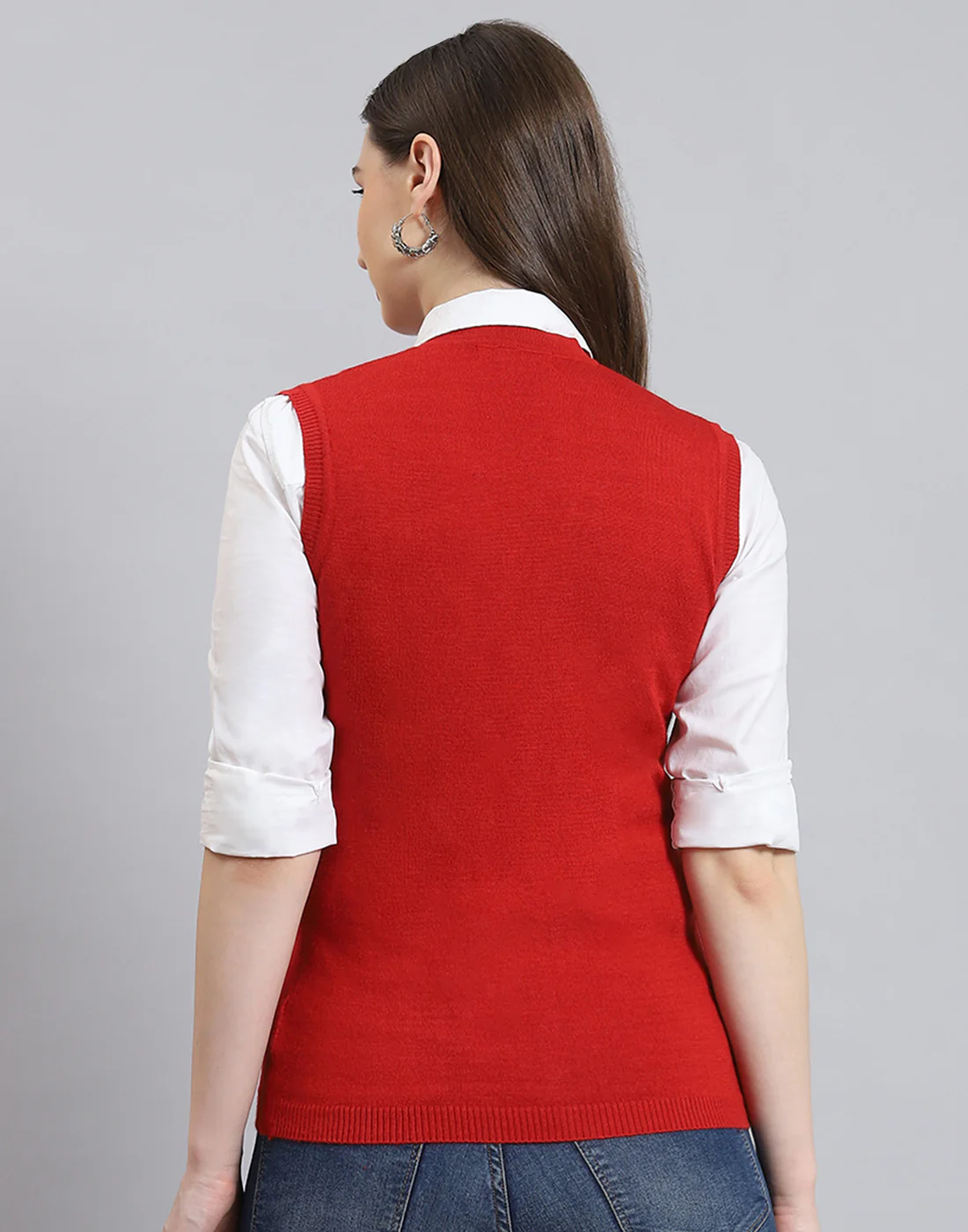 Women Red Solid Collar Sleeveless Cardigan - Image 6