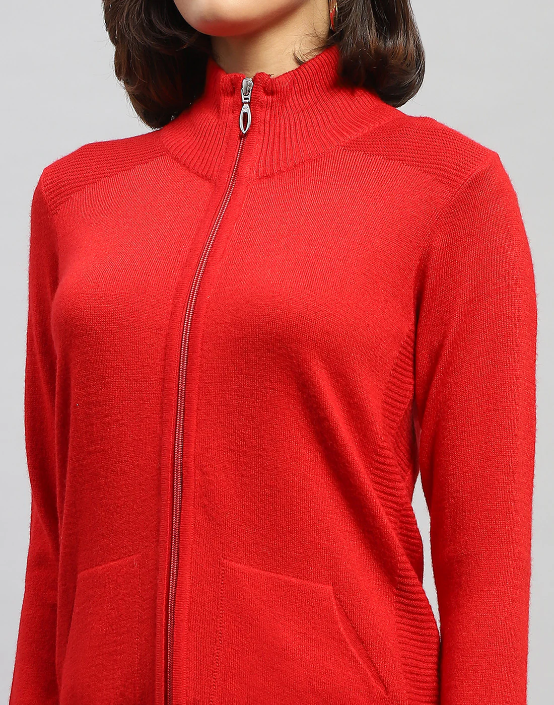 Women Red Solid High Neck Full Sleeve Cardigan - Image 6