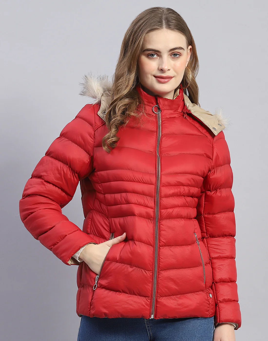 Women Red Solid Hooded Full Sleeve Jacket - Image 2