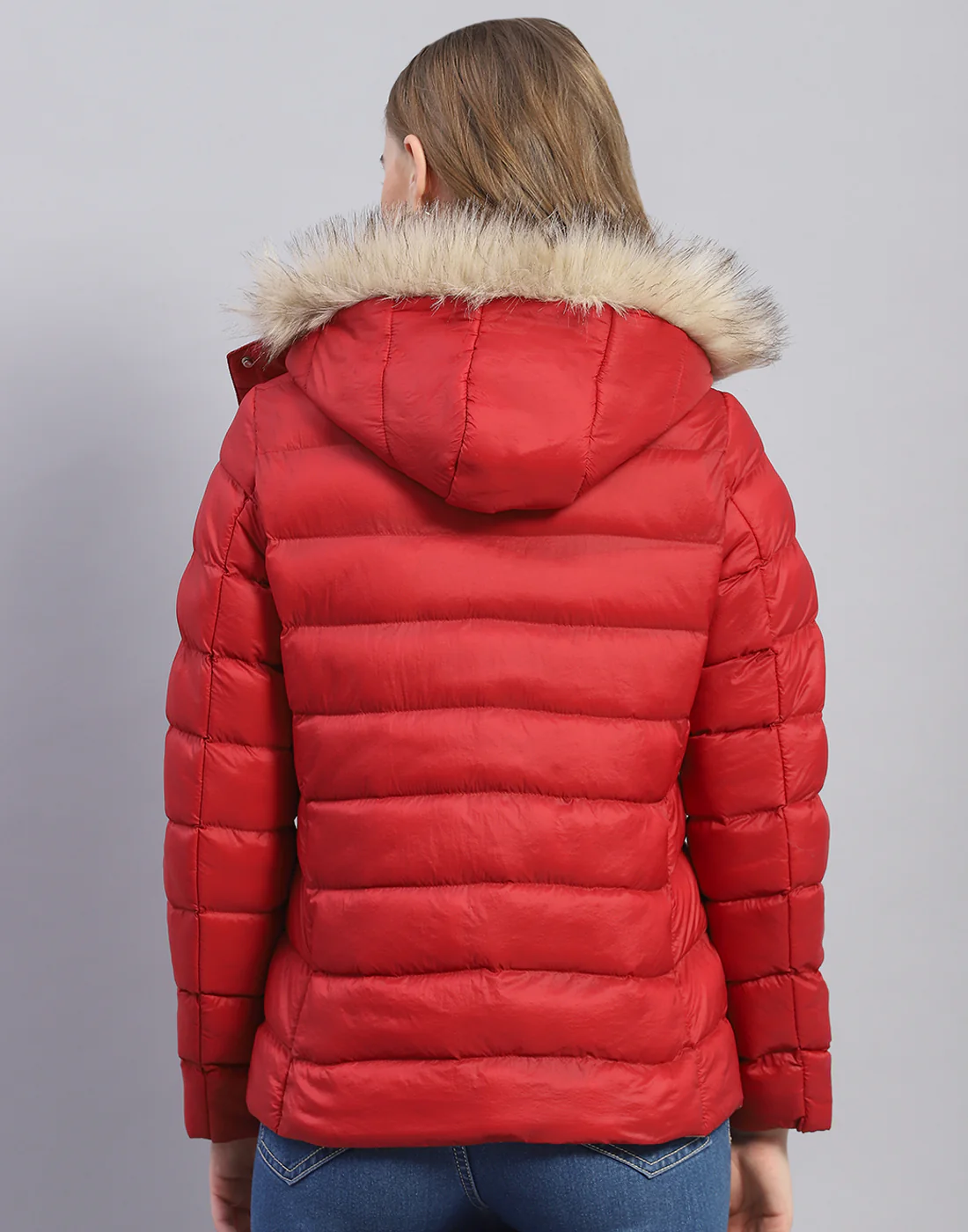 Women Red Solid Hooded Full Sleeve Jacket - Image 5