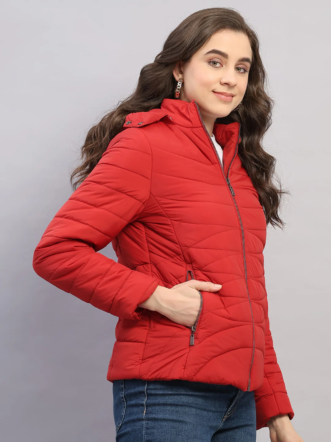 Women Red Solid Hooded Full Sleeve Jacket - Image 4