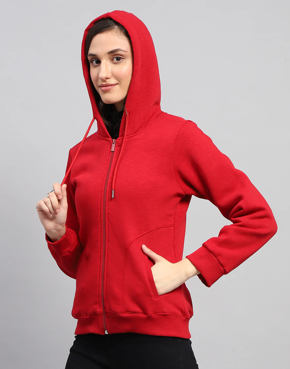 Women Red Solid Hooded Full Sleeve Sweatshirt - Image 6