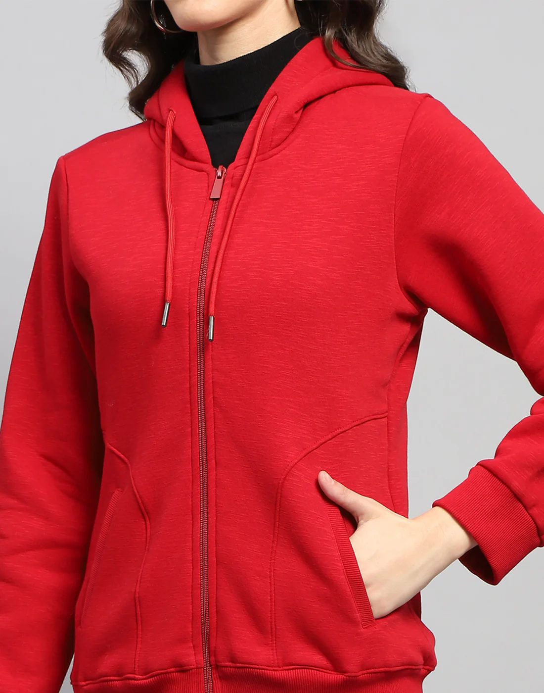 Women Red Solid Hooded Full Sleeve Sweatshirt - Image 7