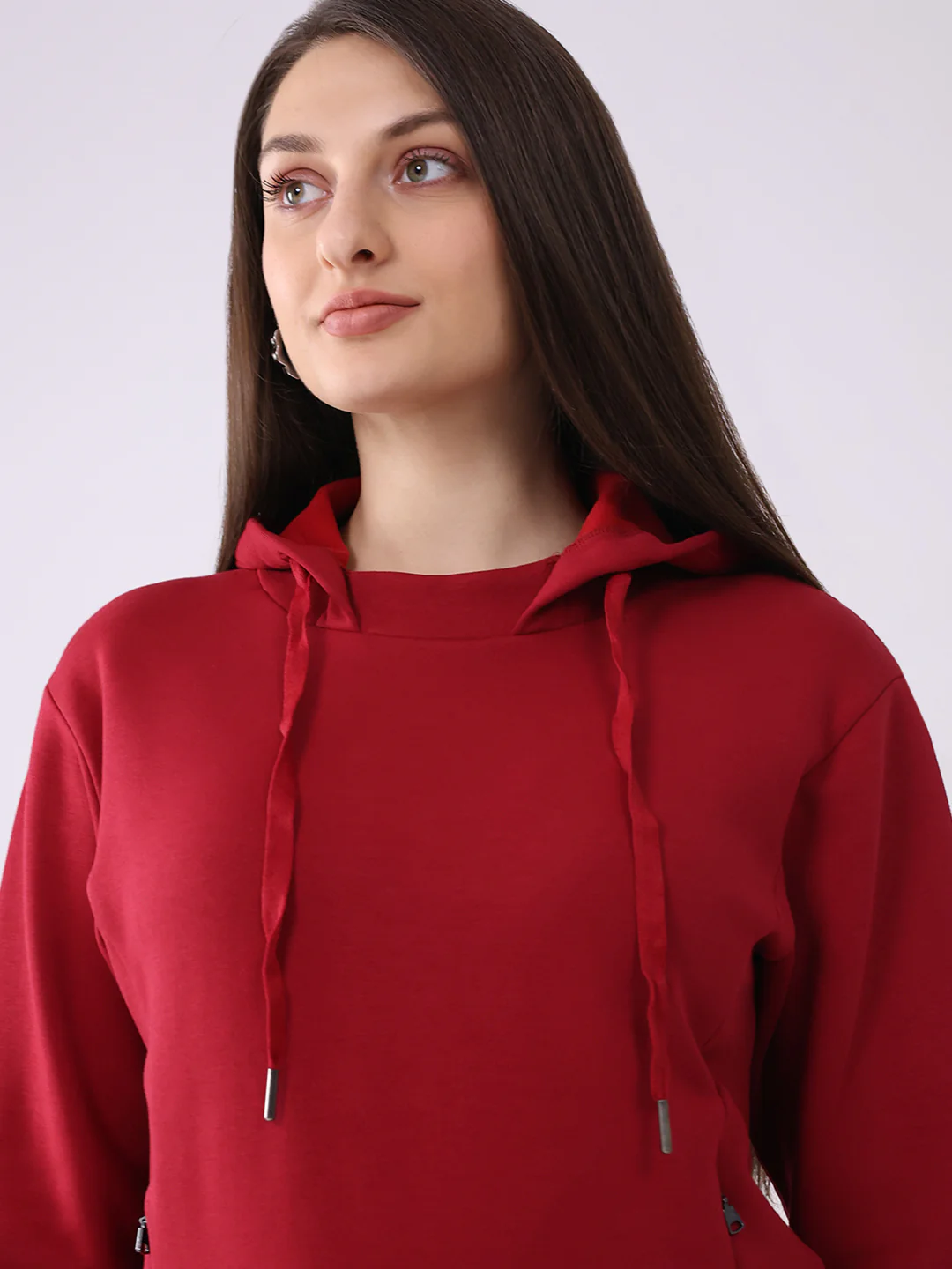Women Red Solid Hooded Full Sleeve Sweatshirt - Image 6