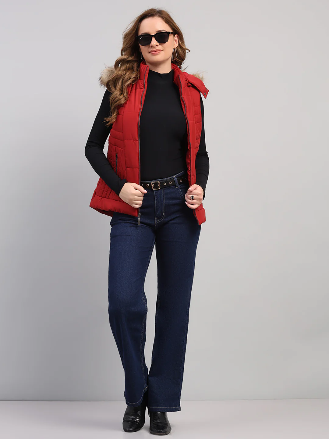 Women Red Solid Hooded Sleeveless Jacket - Image 2