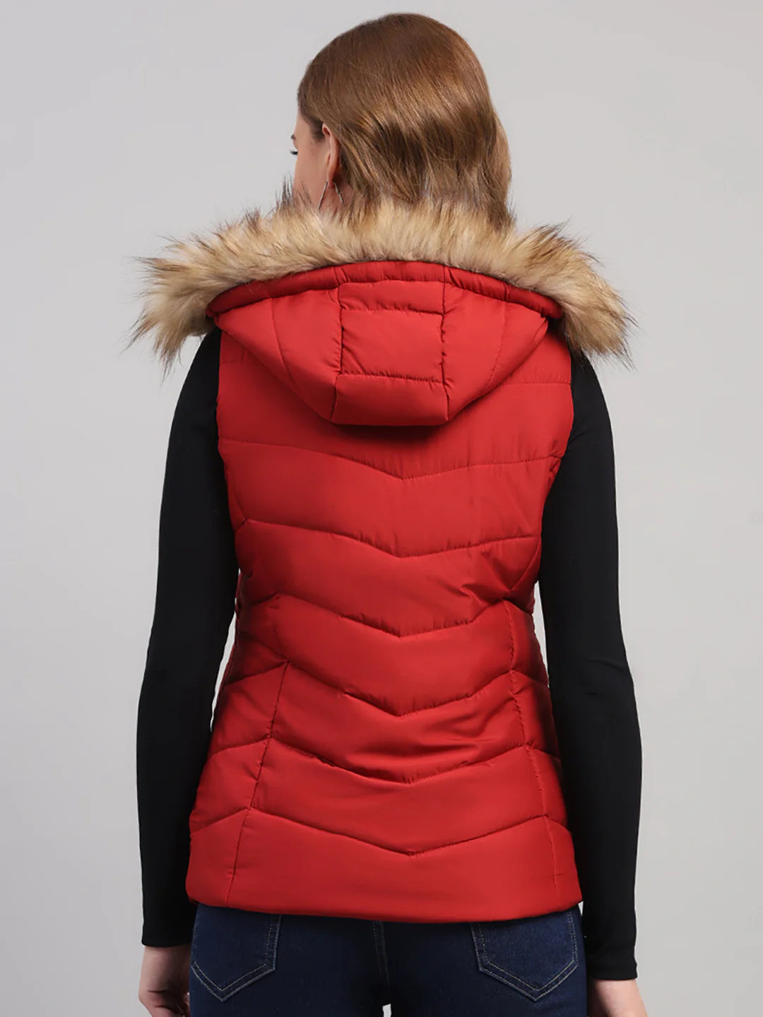 Women Red Solid Hooded Sleeveless Jacket - Image 5