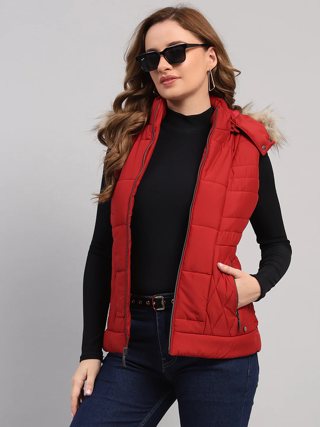 Women Red Solid Hooded Sleeveless Jacket - Image 6
