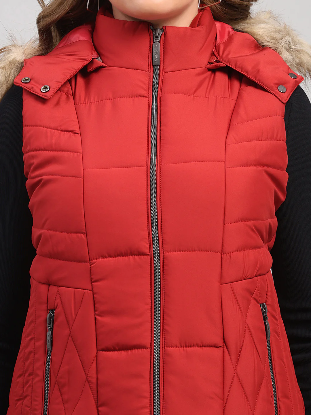 Women Red Solid Hooded Sleeveless Jacket - Image 7